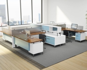 DESKMAKERS office furniture custom multi-workstations in natural wood finish and white