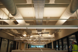 Ceiling view of low height cubicle workstations in commercial office space