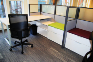 Workstation in white finish with bright green pedestal cushion