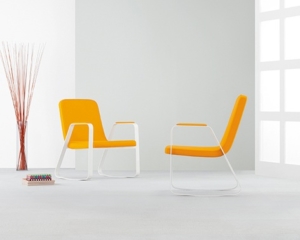 ENCORE office furniture bright yellow chairs with white metal legs for commercial office spaces