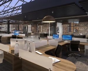 CHERRYMAN office furniture office space with wood finish desks and frosted glass privacy separators