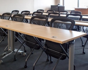 CLEAR design office furniture narrow height adjustable desk tops with folding chairs for educational spaces