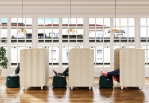 Eko contract office furniture semi-private work spaces with people relaxing