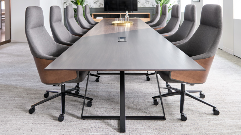 Modern wood conference table with black metal base