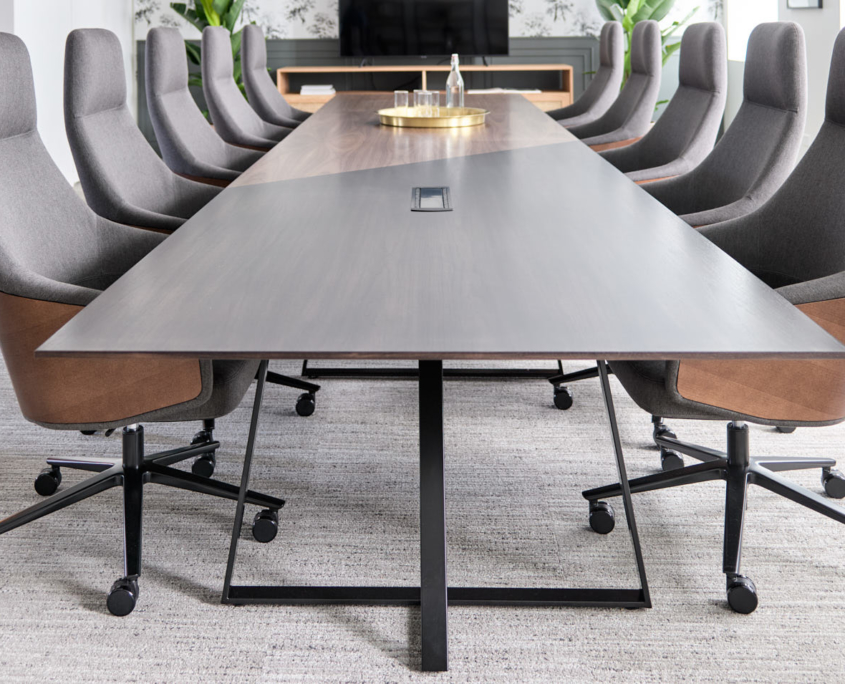 modern wood conference table with black metal base