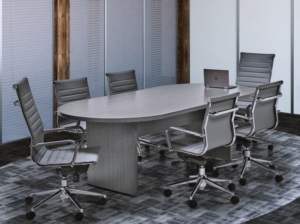 Sitwell small conference table with modern chrome and upholstered executive chairs