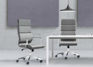 Woodstock modern chrome and upholstered chairs at white desk