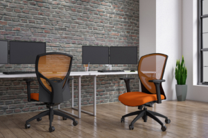 9 to 5 modern orange ergonomic task chairs side by side workstations