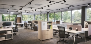 AIS open workspace with storage tower and bookshelf