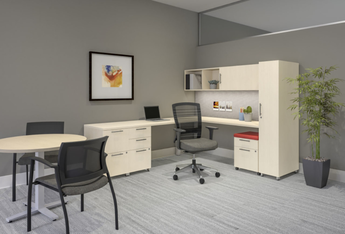 AIS executive L shaped desk with overhead storage and wardrobe