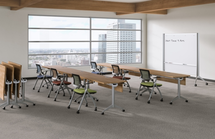 AIS modern office interior with mobile flip top tables for educational seminars