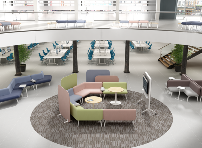 Boss Design lounge seating area with partitions and tables for group work