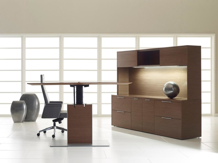 Darran private office with height adjustable sit or stand wood finish desk