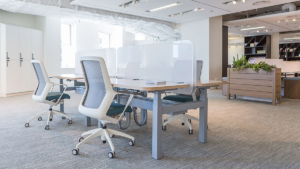 OFS modern bench desking with glass privacy dividers