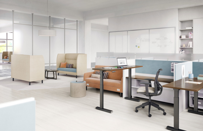 OFS ergonomic sit stand desk and collaboration area