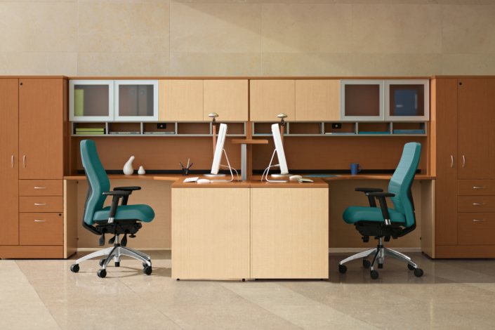 Global Furniture side by side workstations with overhead storage