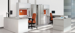 Global Furniture storage towers and open workspaces with ergonomic desks