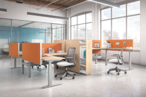 open concept workstations with height adjustable desks and storage