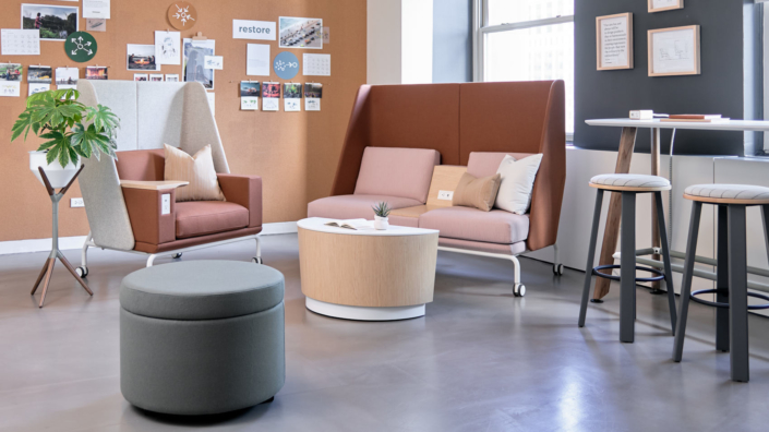 OFS modern lounge seating area with ottoman