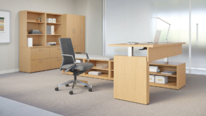 OFS modern sit stand desk in natural wood finish