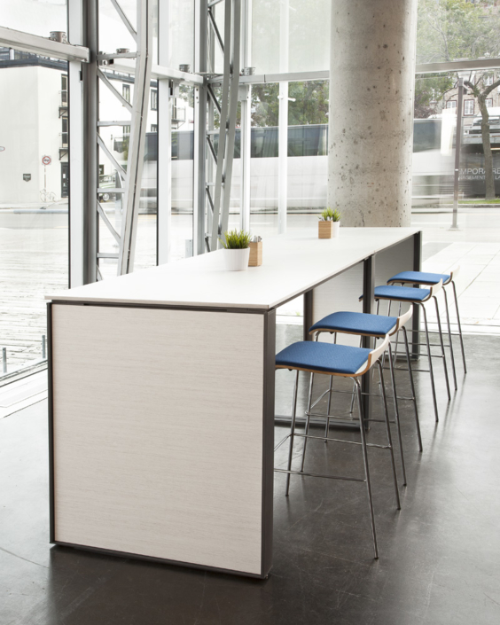 rouillard standing height collaboration desk with stool seating