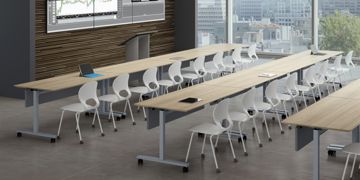 Watson long narrow flip top educational tables with office chairs