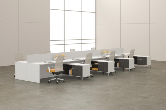 Deskmakers open concept bench desking and storage bench
