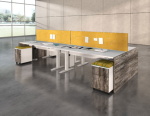 Deskmakers height adjustable bench desk with privacy screen