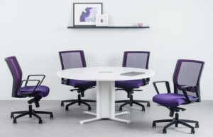 Rouillard round white x base table with office chairs