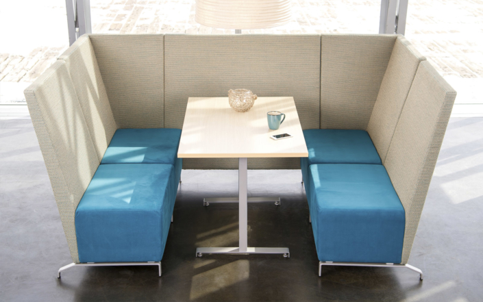 Rouillard modern cafe booth with upholstered seating and table