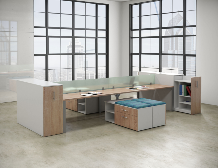 Desk makers modern bench desks with frosted glass partitions and storage towers