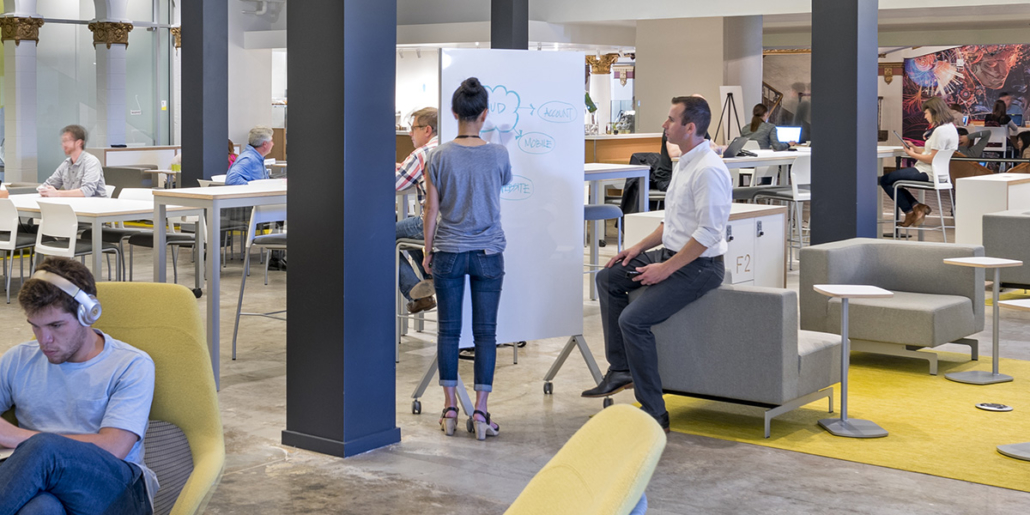 Watson modern open office with mobile white board and lounge seating