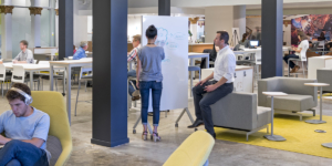 Watson modern open office with mobile white board and lounge seating