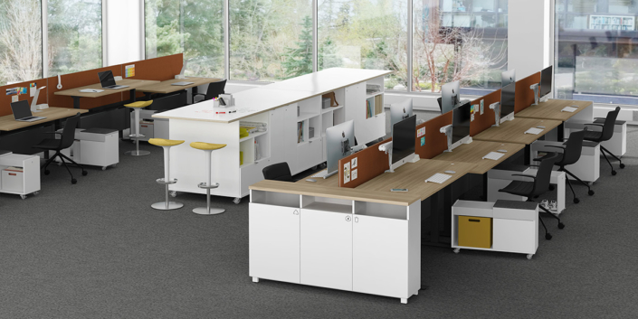 Watson bench desking with privacy partitions and storage