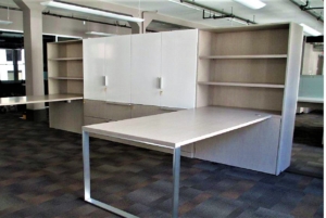 Creative Wood office furniture white desk and overhead storage with open shelving for modern workspace