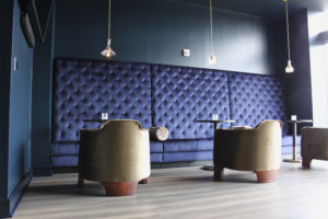 Falcon office furniture custom seating area with guest chairs and bench seating for office space