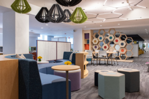 KI office furniture colorful custom collaborative space in commercial office