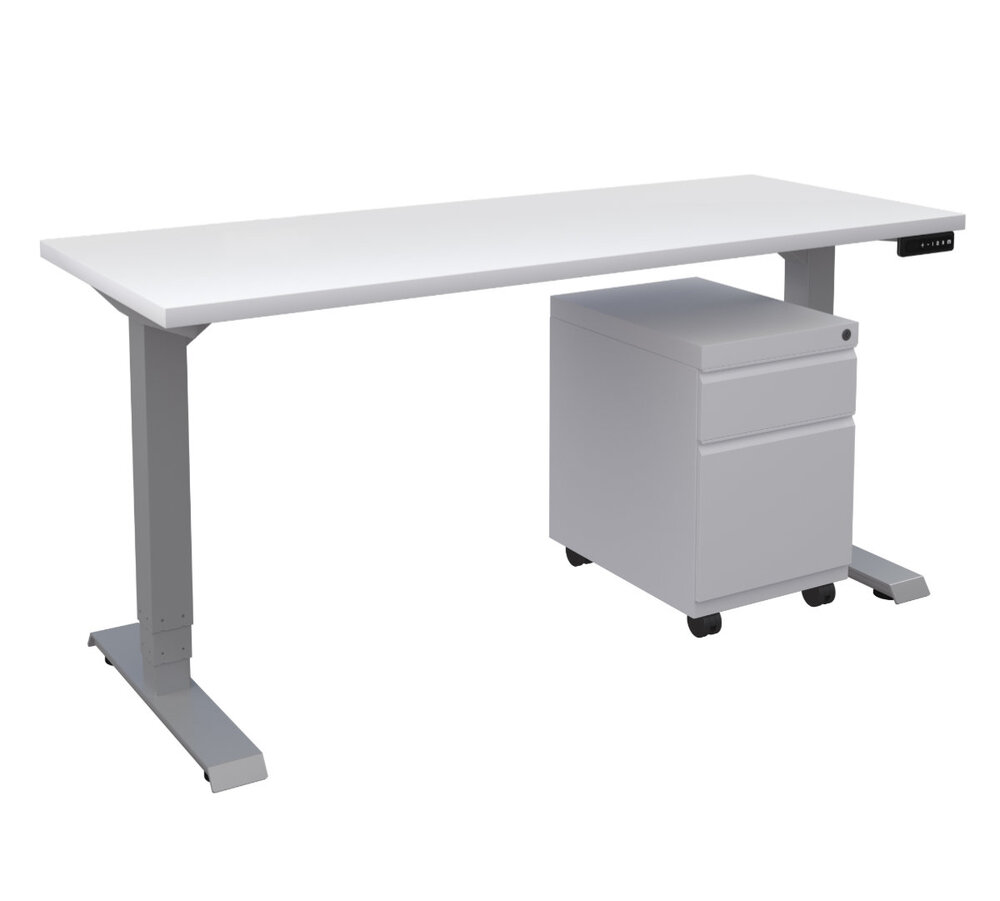 white sit stand desk with mobile pedestal storage