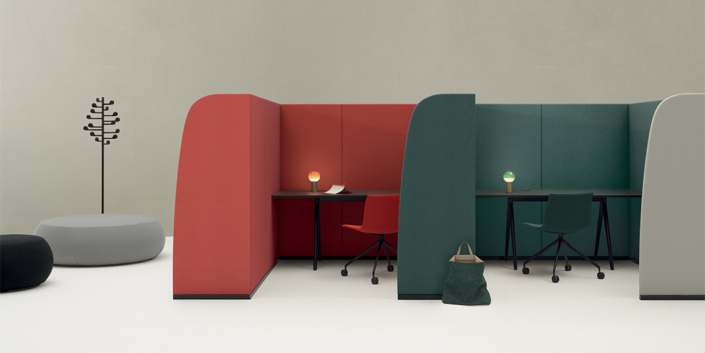 Arper paravan brand private seating areas with multicolor privacy panels