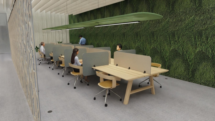 Office interior with Buzzi Space collaborative tables with partitions