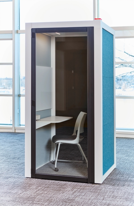KI brand private phone booth with fabric insert for private conversations in commercial office space