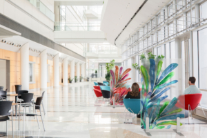 Arden studio office furniture bright open reception area with colorful room dividers