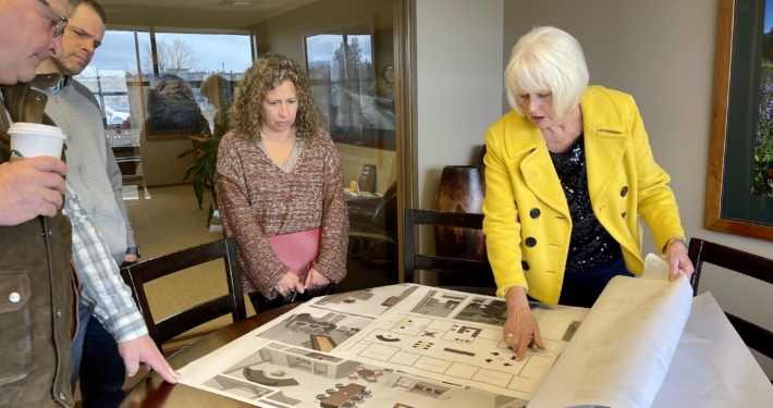 Workplace consultant guiding client through workspace design