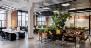 An office contains tables, chairs, plants, and a couch. The office has wide windows, and the layout is open.