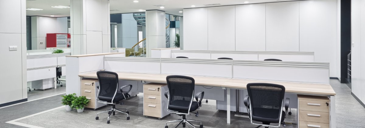 A large, brightly lit office space with shared desks, ergonomic chairs, small filing cabinets, and a few potted plants.