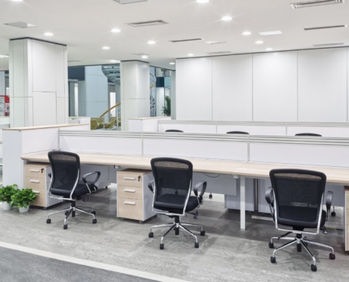 A large, brightly lit office space with shared desks, ergonomic chairs, small filing cabinets, and a few potted plants.