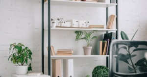 An office with shelves that have books and plants on them. There is also a desk and a chair in the office.