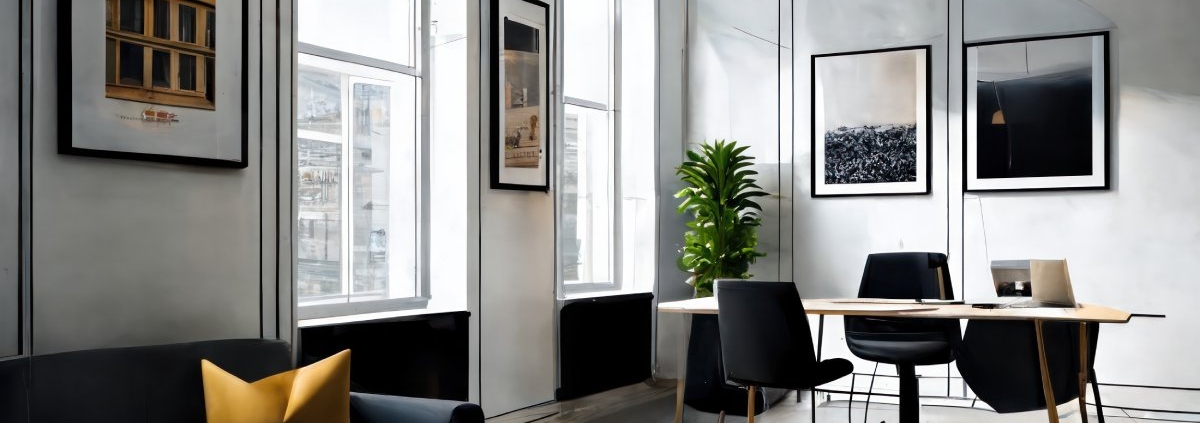 A sleek modern office featuring lounge seating, large windows, and bright decor designed to boost productivity.