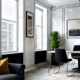 A sleek modern office featuring lounge seating, large windows, and bright decor designed to boost productivity.