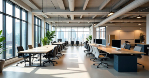 A modern open-plan office sits empty with shared desks, ergonomic chairs, and bright natural lighting.